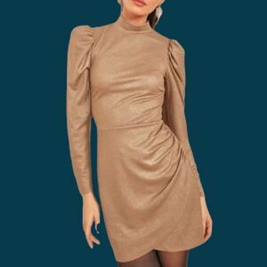 Reformation Lexi Mini Women's Small Long Puff Sleeve Mock Neck Ruched Tan Gold